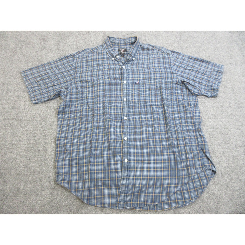 Ralph Lauren Jeans Co Shirt Mens L Blue Plaid Cotton Short Sleeve Button Front